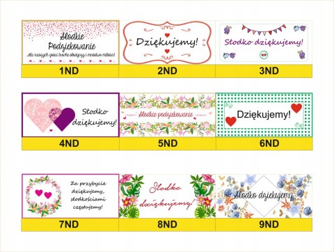 ETYKIETY NAKLEJKI NA PUDEŁKO CIASTO dla gości 16.5 x 7.5 cm 18szt. ETYKIETY NAKLEJKI NA PUDEŁKO CIASTO dla gości 16.5 x 7.5 cm 18szt.